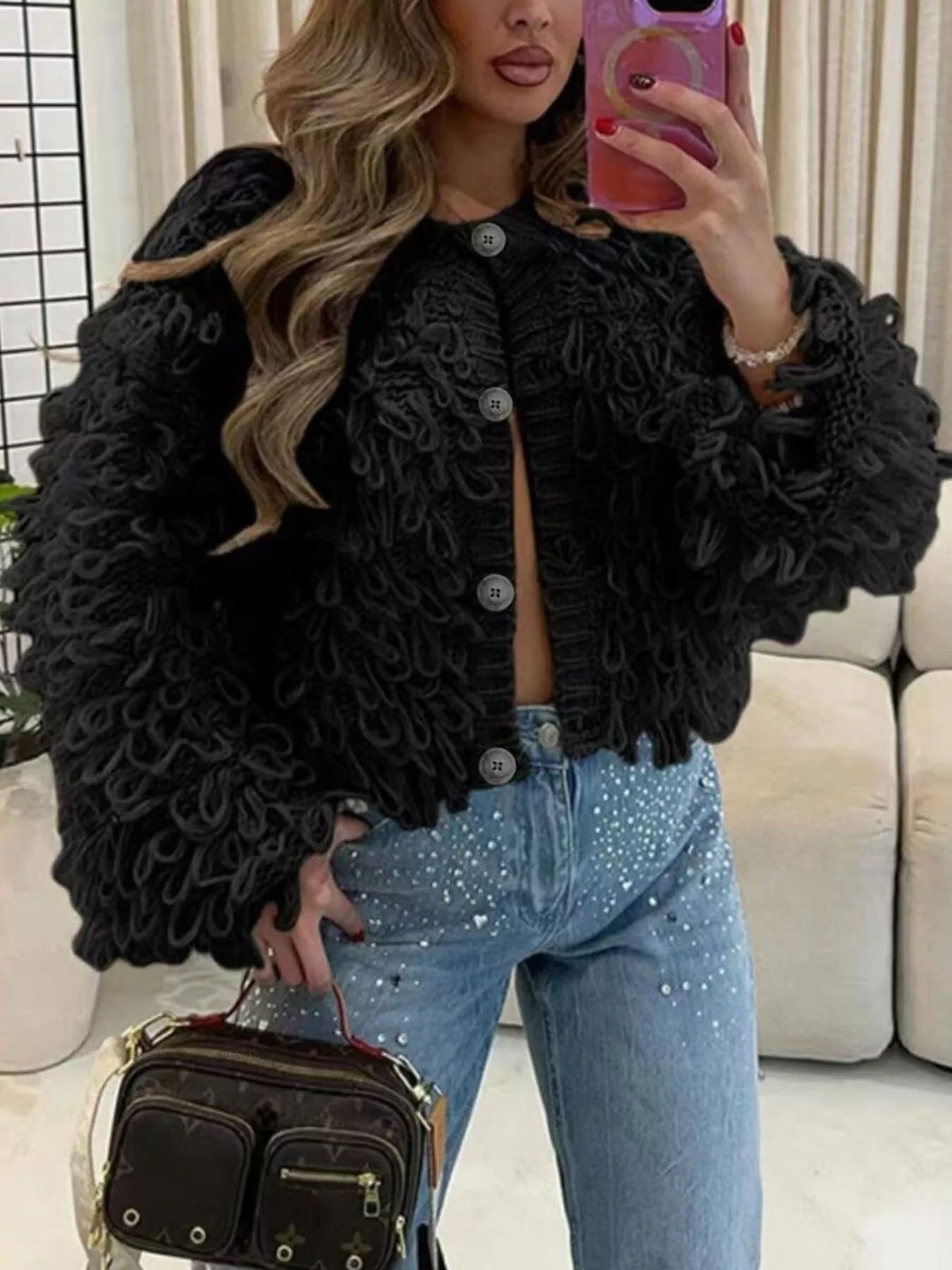 Sarah Express Women's Fringe Button Up Cardigan