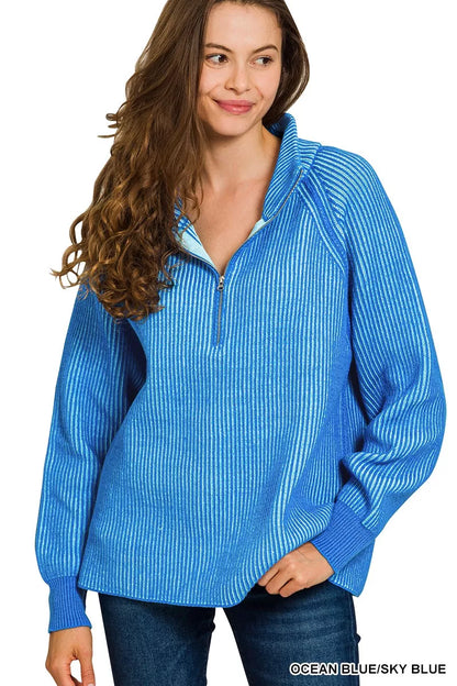 Sarah Express Women's Ribbed Two Tone Half Zip Sweater OCEAN BLUE SKY BLUE