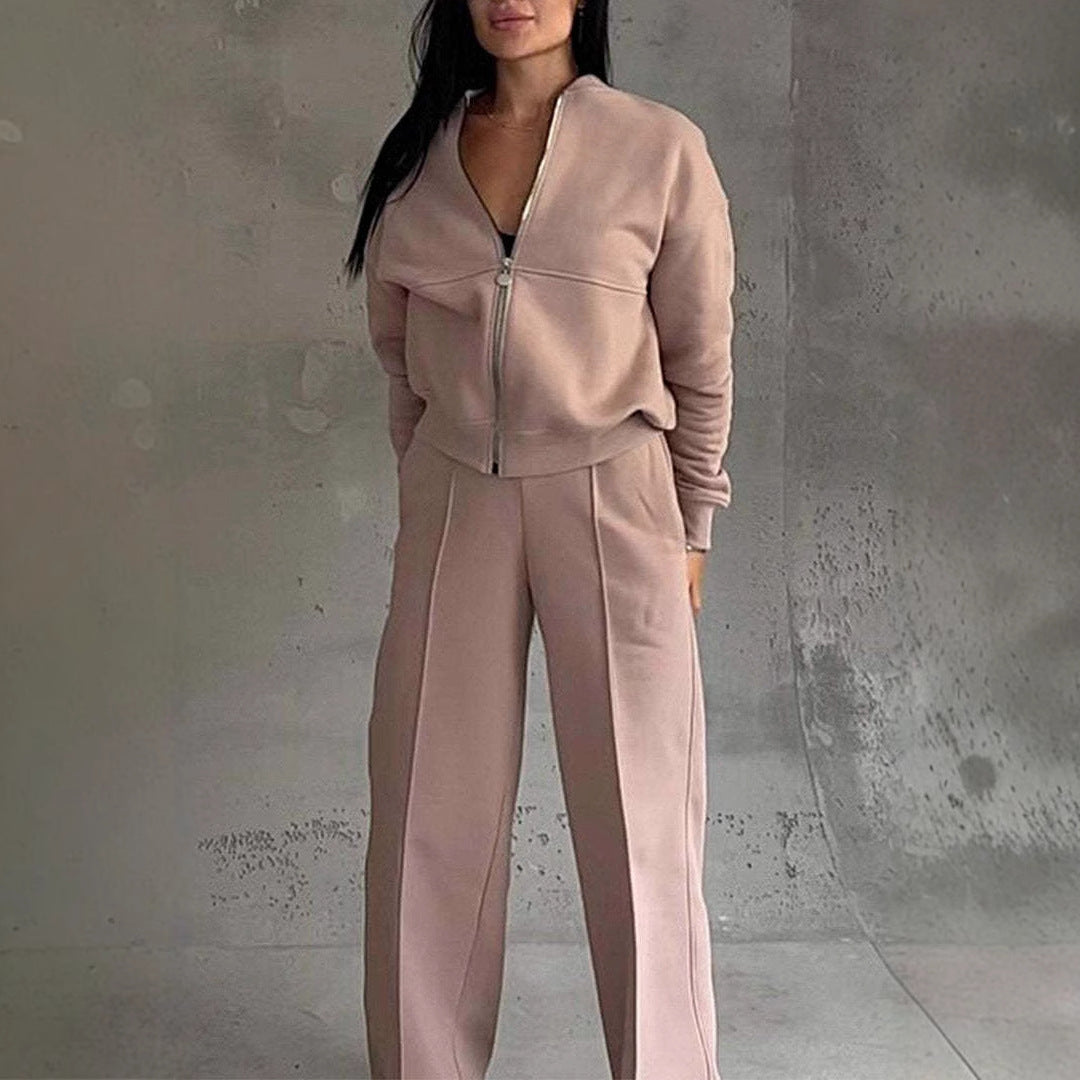Sarah Express Women's Athleisure Tracksuit Set - Zipper Jacket & Wide Leg Pants Two Piece Outfit Pink