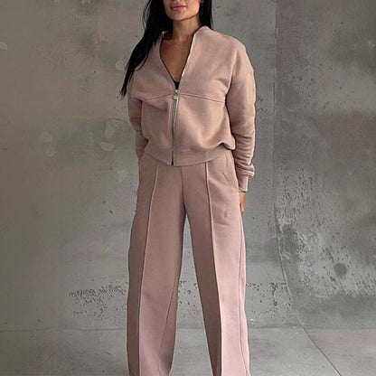 Sarah Express Women's Athleisure Tracksuit Set - Zipper Jacket & Wide Leg Pants Two Piece Outfit Pink
