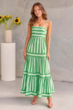 Striped Square Neck Maxi Dress Backless Suspender with Pockets
