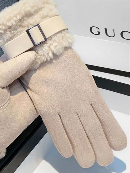 Sarah Express Women's Suede Gloves with Faux Fur Cuff - Winter Warm Touchscreen Compatible