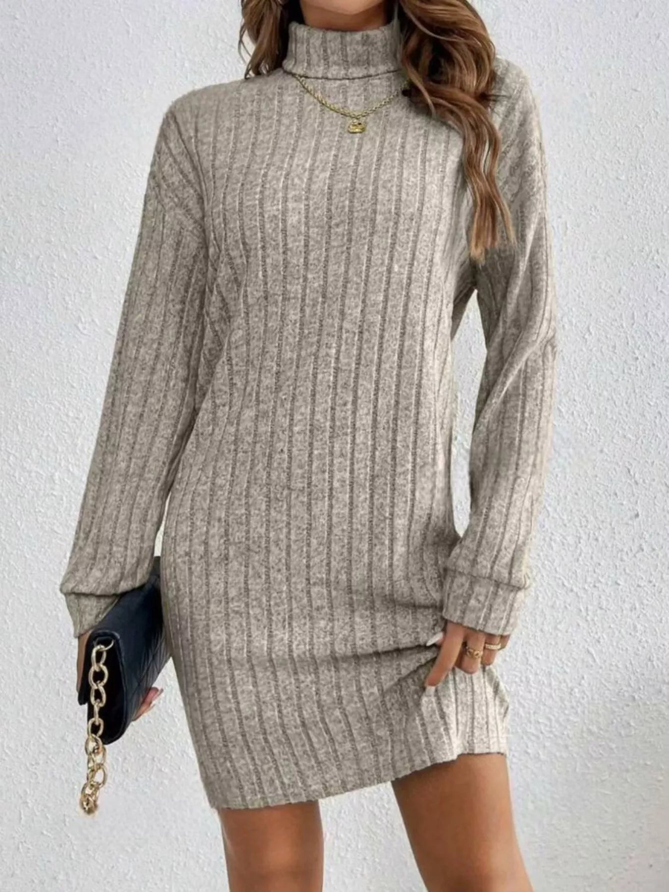 Sarah Express Women's Ribbed Knit Turtleneck Mini Dress - Long Sleeve Bodycon Sweater Dress