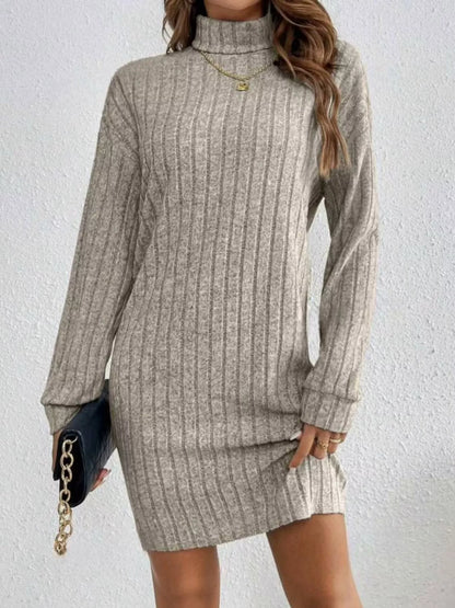 Sarah Express Women's Ribbed Knit Turtleneck Mini Dress - Long Sleeve Bodycon Sweater Dress