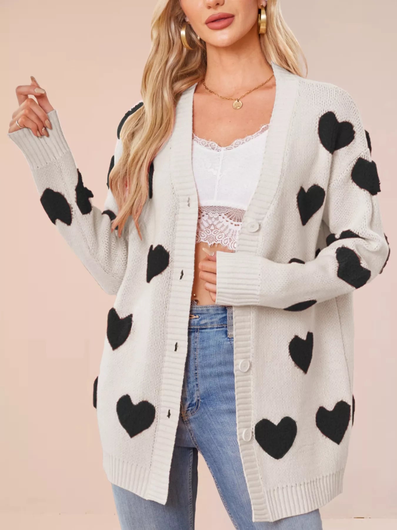 Sarah Express Women's Heart Pattern Knit Button-Up Cardigan