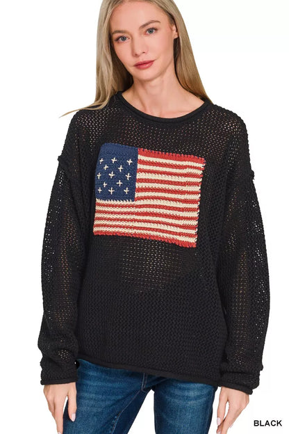 Sarah Express Women's American Flag Crew Neck Sweater BLACK