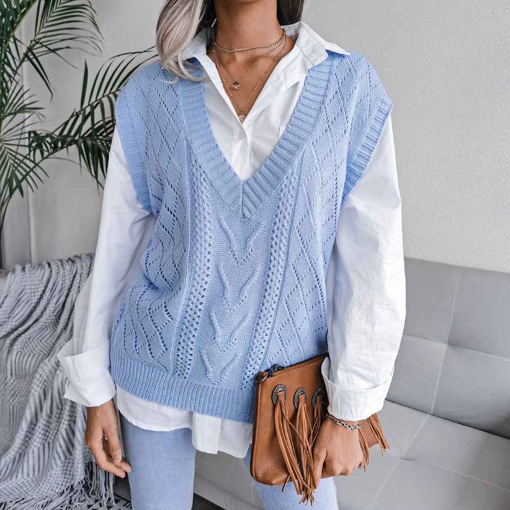Sarah Express Women's Cable Knit Sleeveless Sweater Vest - Hollow Out V-Neck Pullover Blue