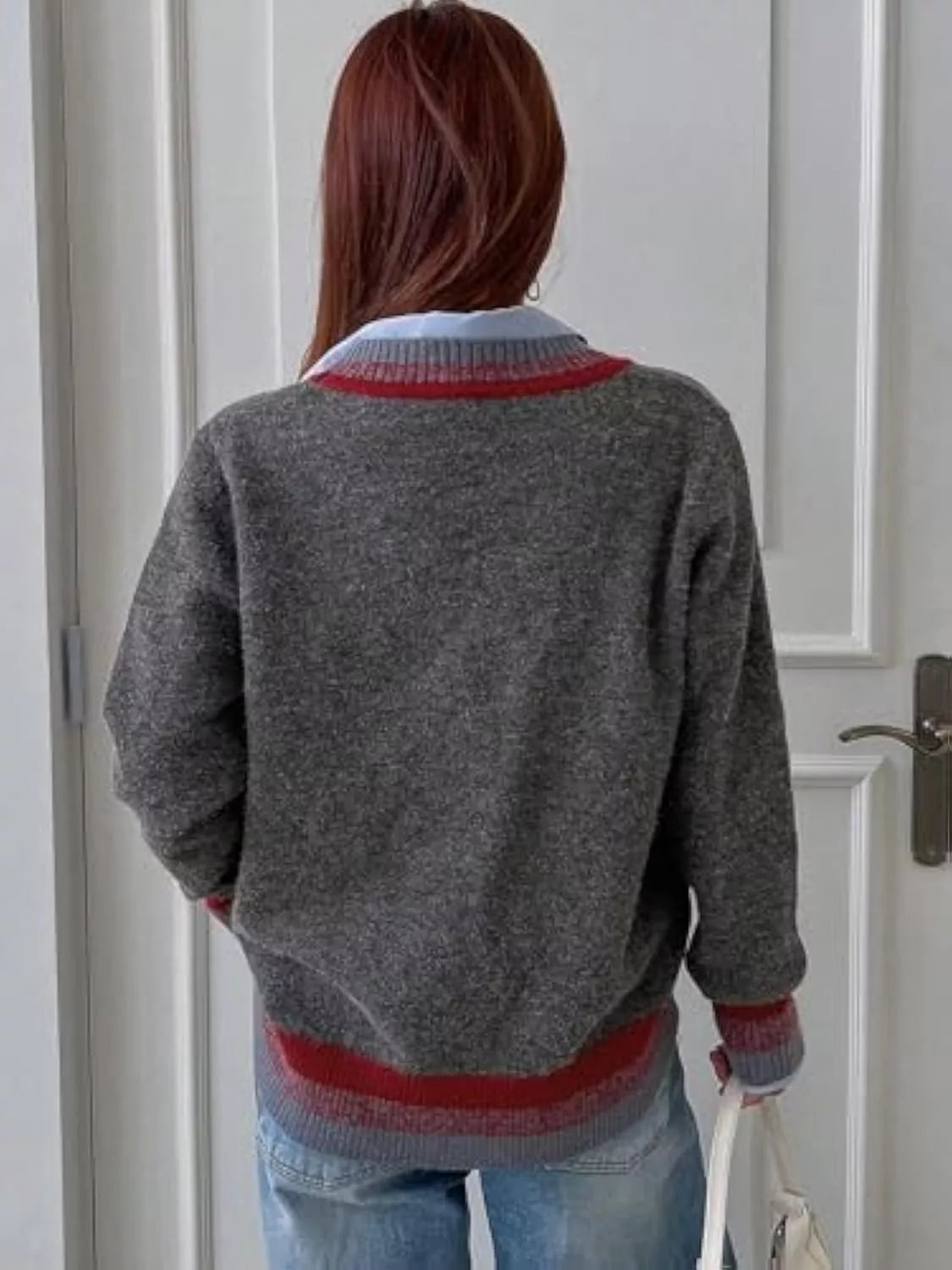 Sarah Express Women's Striped Trim Button-Up Knit Cardigan