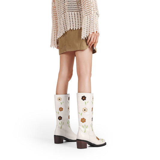 Sarah Express Women's Western Boots with Floral Embroidery - Mid-Calf Chunky Heel Boots