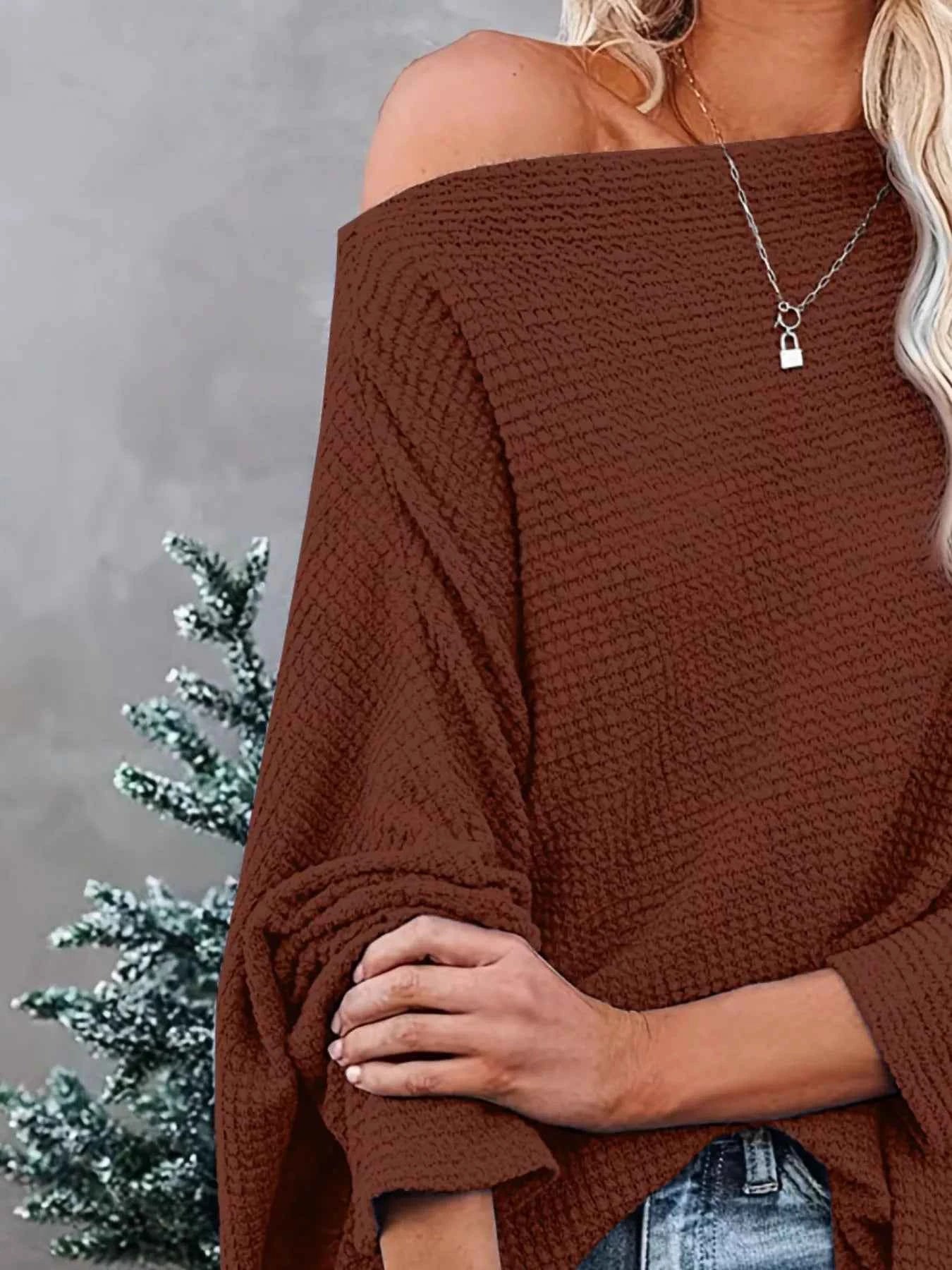 Sarah Express Women's Oversized Waffle Knit Boat Neck T-Shirt