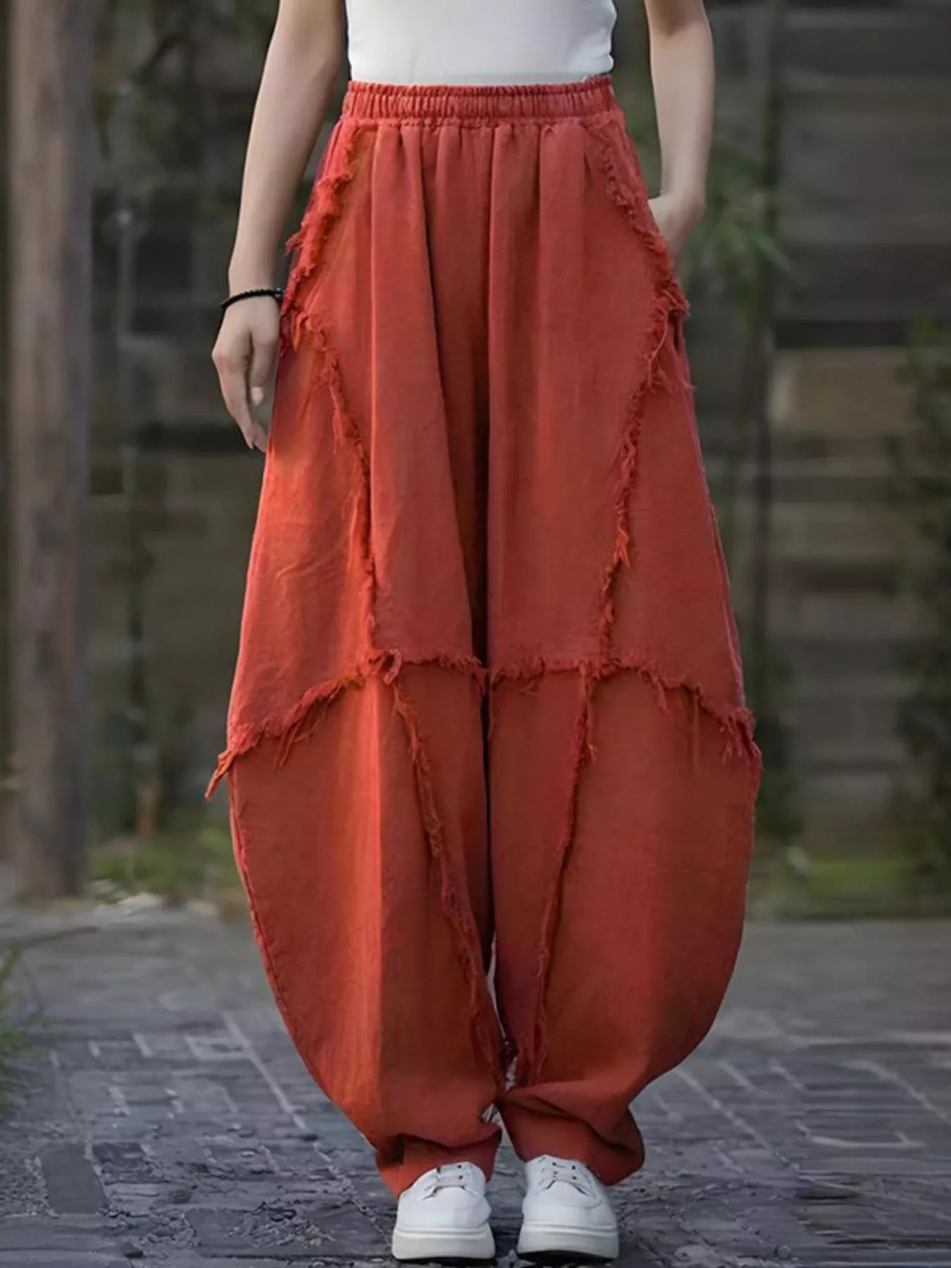 Sarah Express Women's Frayed Edge Harem Pants with Pockets Orange