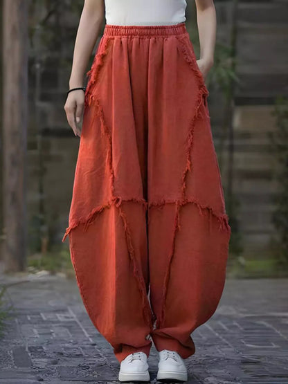 Sarah Express Women's Frayed Edge Harem Pants with Pockets Orange