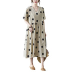 Sarah Express Women's Cotton Linen V-Neck Maxi Dress - Summer Work Casual Short Sleeve Apricot One Size