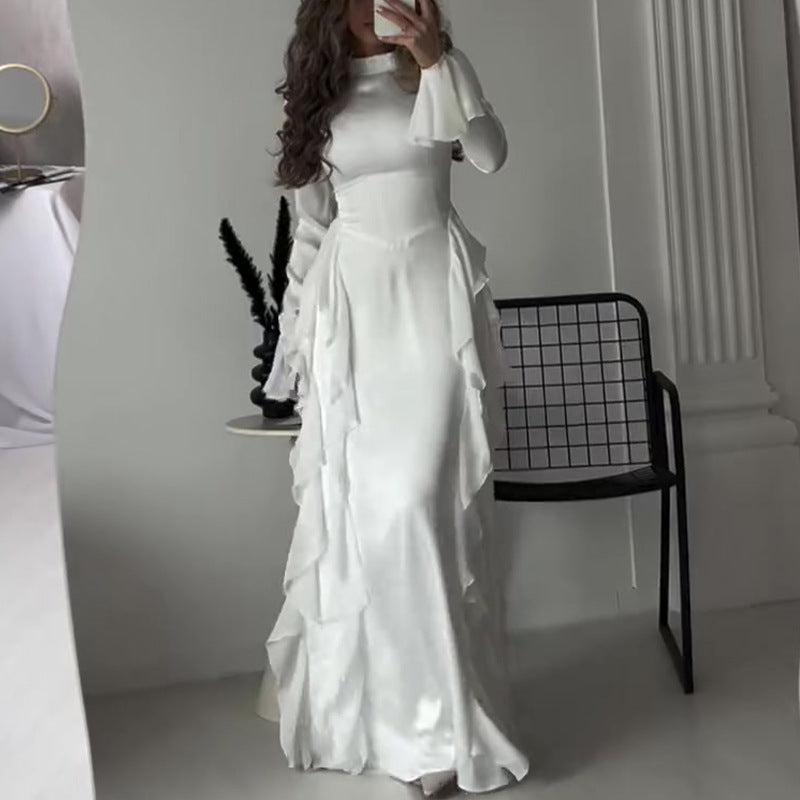 Sarah Express Women's High Waist Flared Sleeve Maxi Dress Round Neck Elegant Patchwork