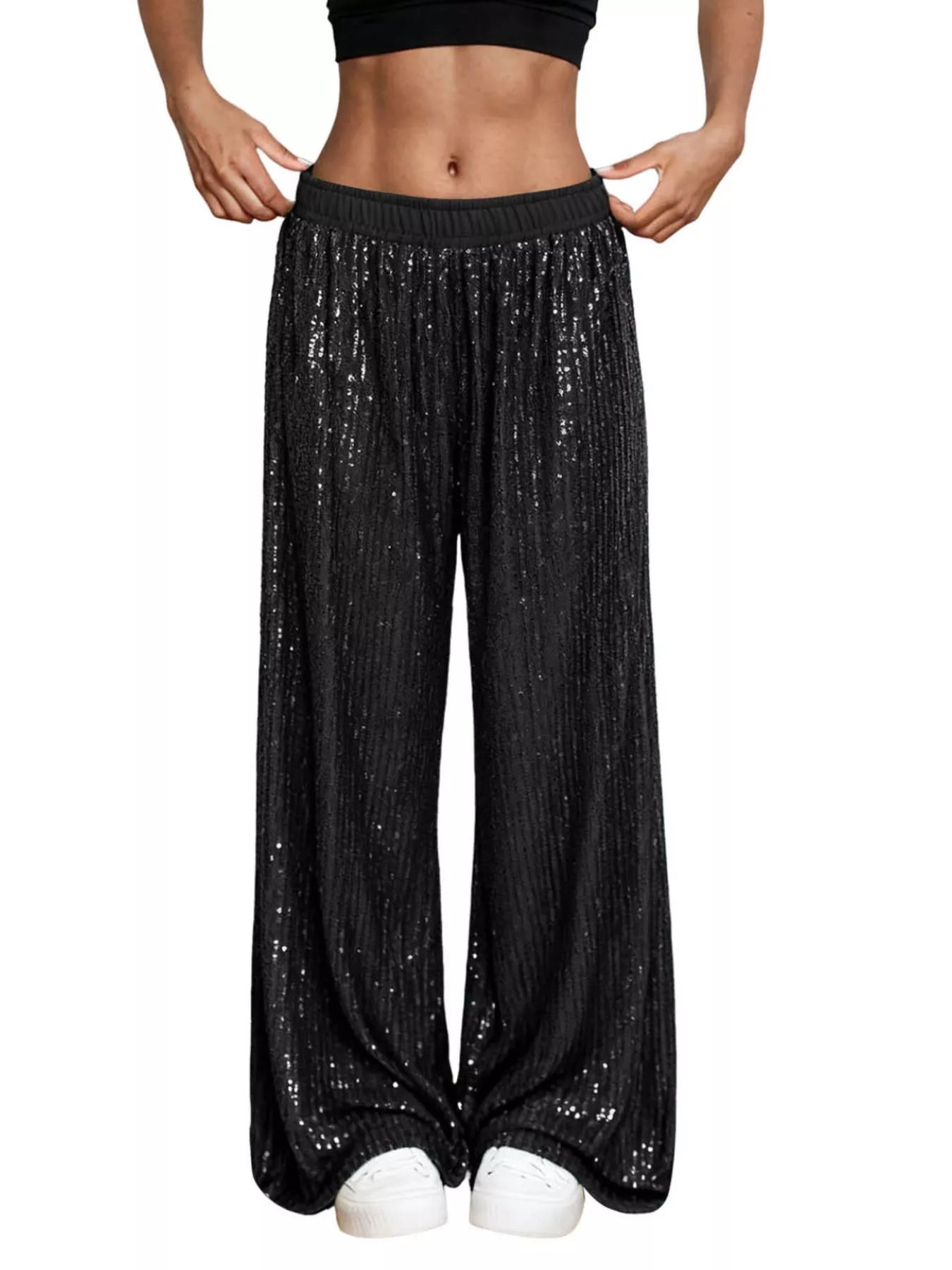 Sarah Express Women's Sequin Wide Leg Pants - High Waist Sparkle Palazzo Trousers Black