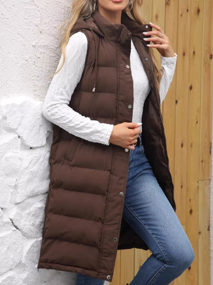 Sarah Express Women's Snap Down Hooded Padded Longline Vest Coat Brown