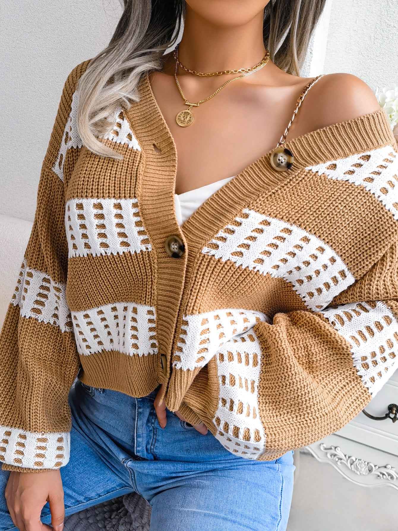 Sarah Express Women's Color Block Lantern Sleeve Cardigan Sweater Coat - Designer Knitwear