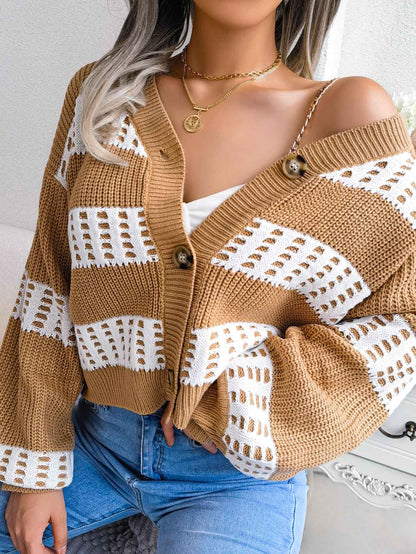 Sarah Express Women's Color Block Lantern Sleeve Cardigan Sweater Coat - Designer Knitwear