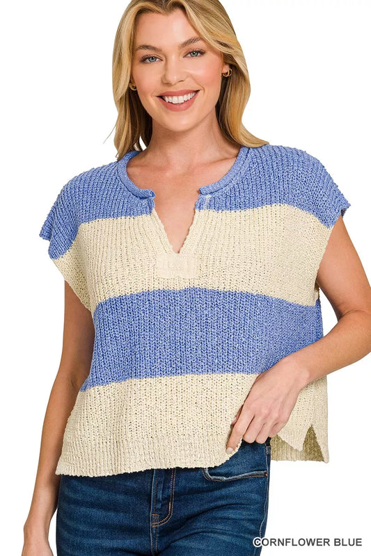 Sarah Express Women's Split Neck Sleeveless Stripe Sweater CORNFLOWER BLUE
