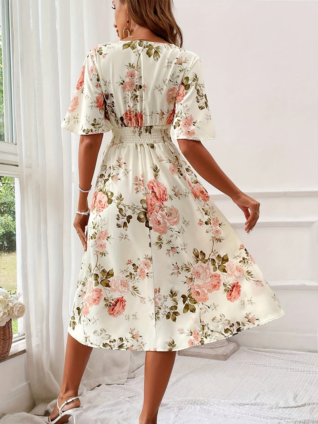 Sarah Express Women's Floral Print Smocked Waist Maxi Dress with Belt A-Line