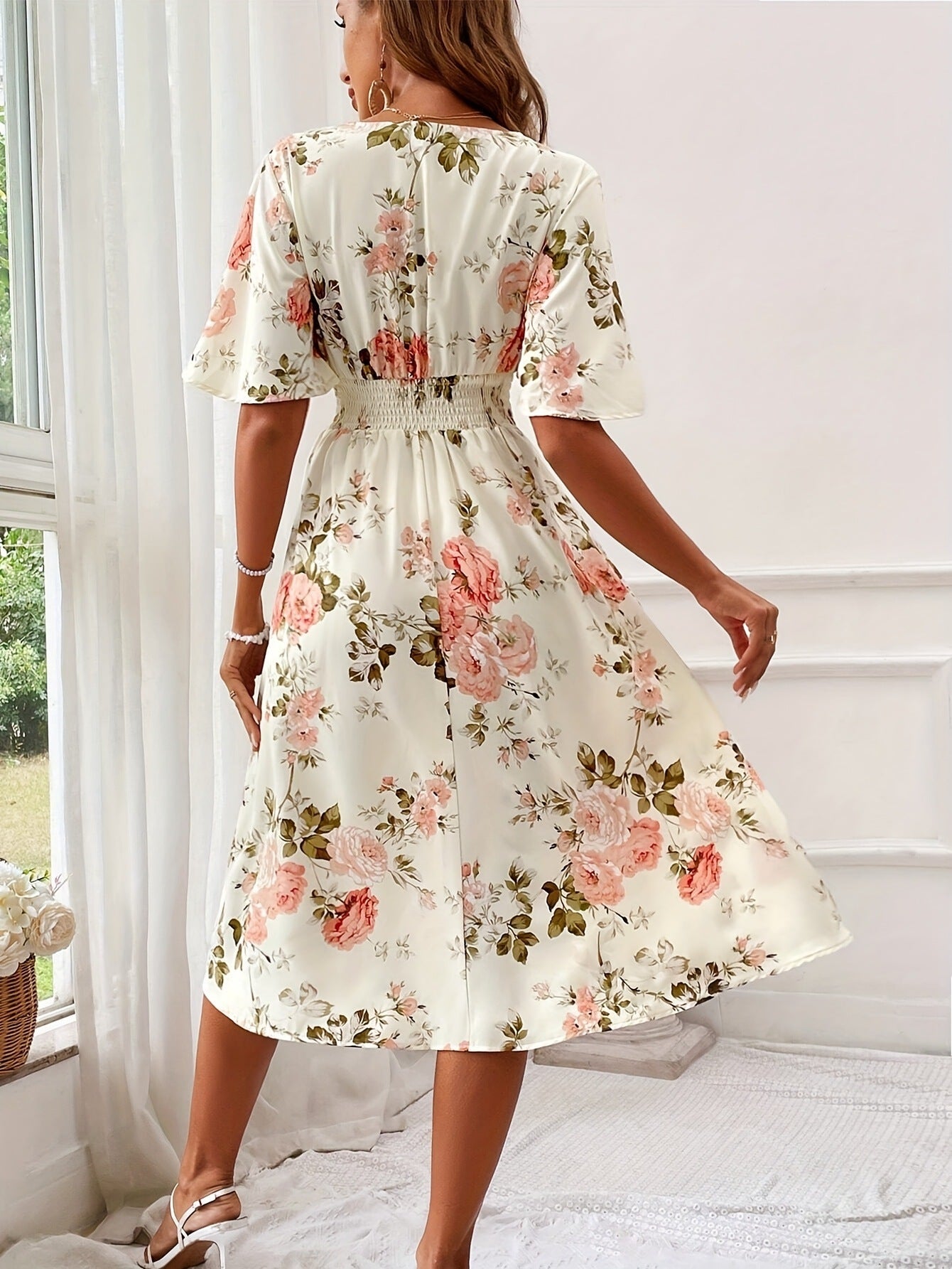 Sarah Express Women's Floral Print Smocked Waist Maxi Dress with Belt A-Line
