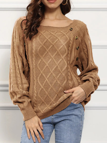 Sarah Express Women's Cable Knit Boat Neck Sweater Khaki