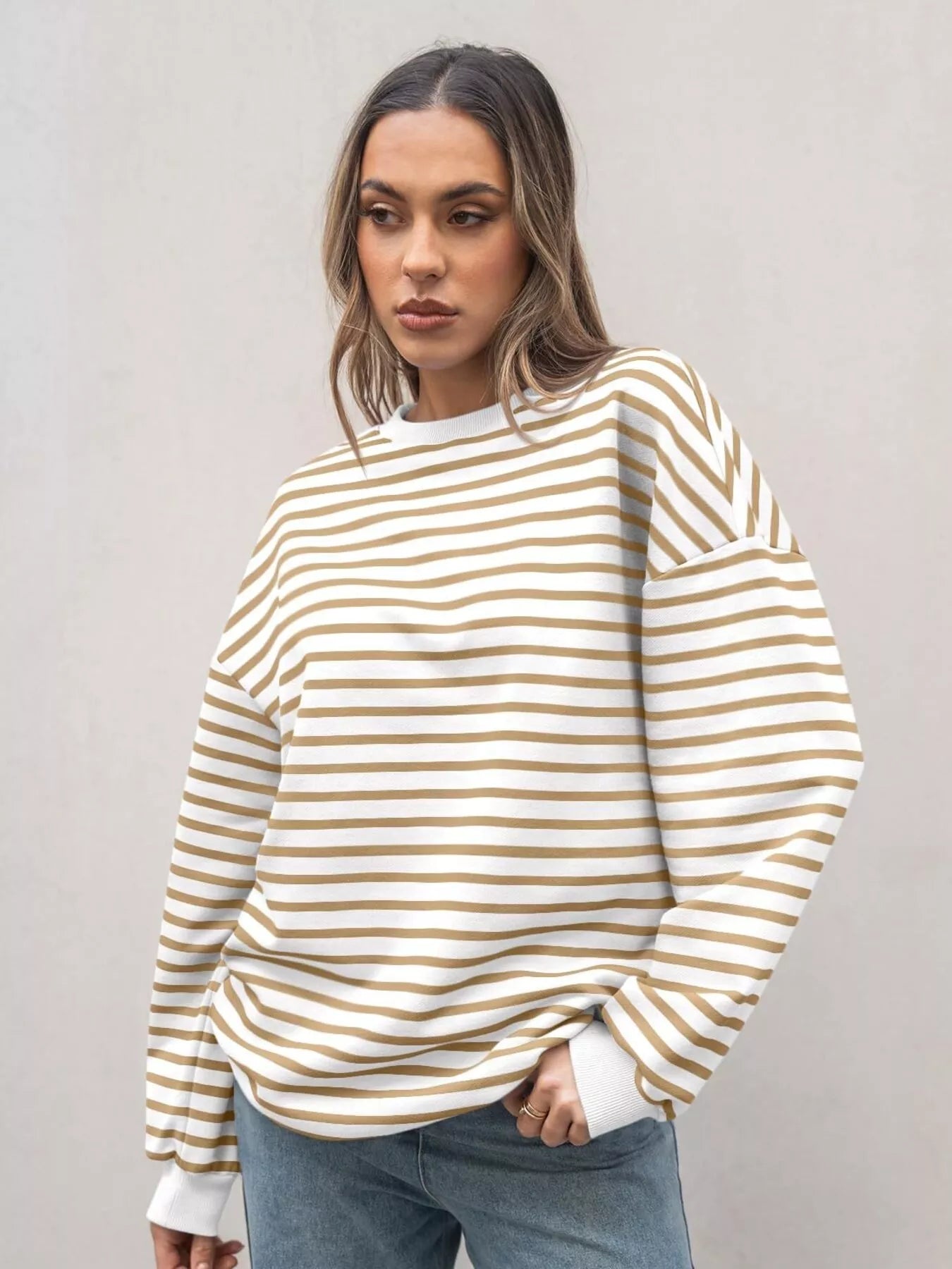 Sarah Express Women's Striped Round Neck Oversized Casual Sweatshirt Khaki