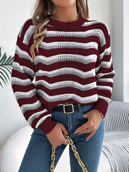 Sarah Express Women's Hollow Out Color Block Stripe Lantern Sleeve Pullover Sweater