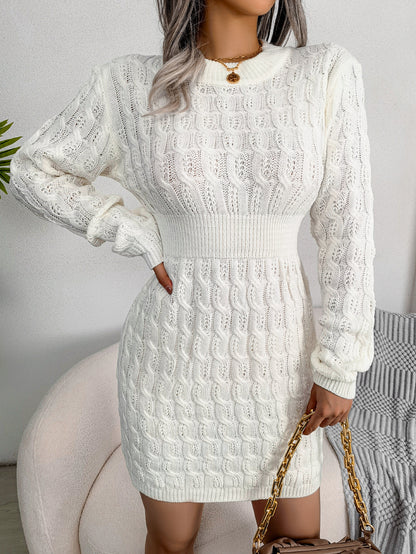 Sarah Express Women's Cable Knit Bodycon Sweater Dress - Waist Cinched Long Sleeve Pencil Dress White