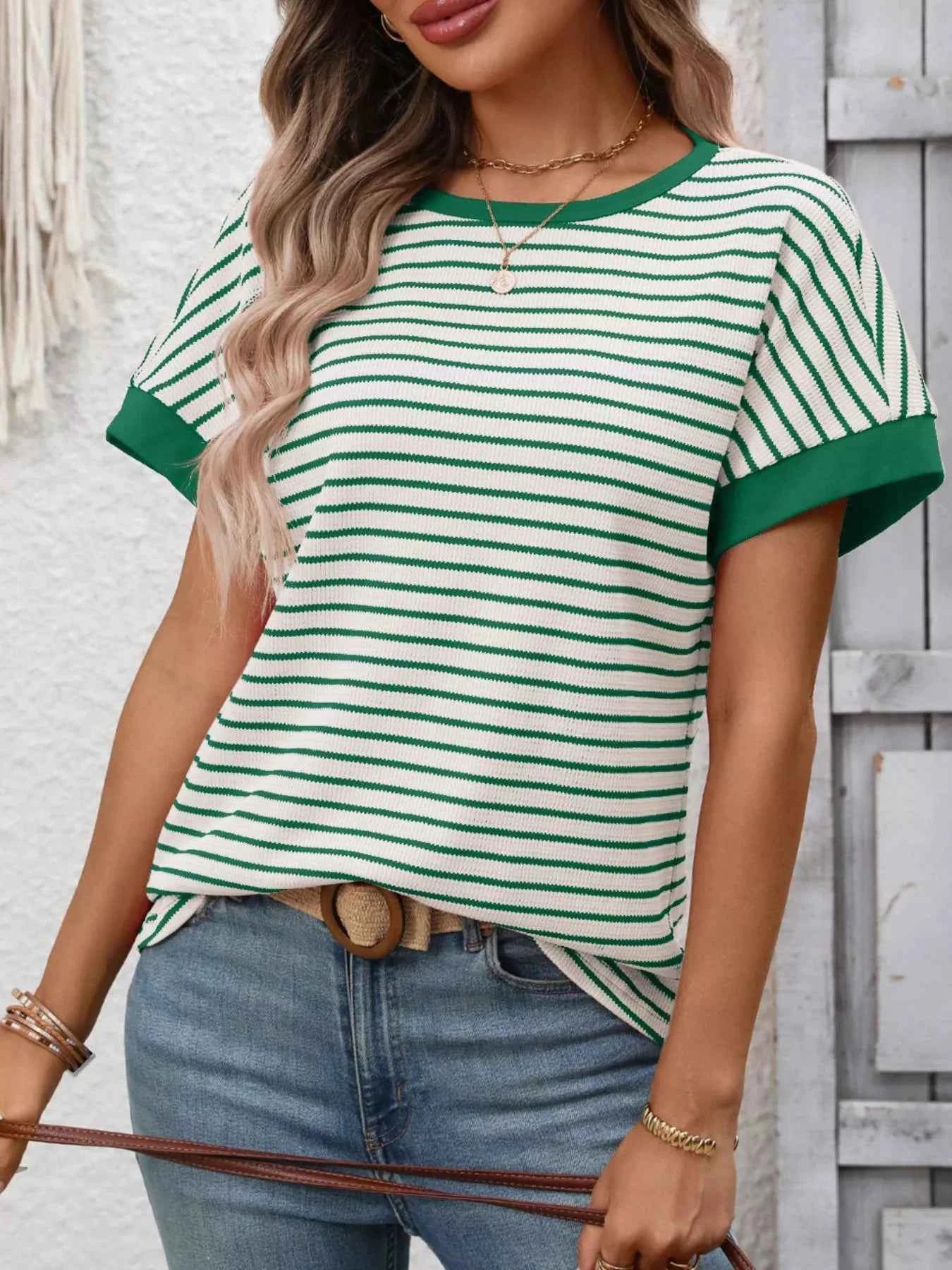 Sarah Express Women's Striped Ribbed Knit Short Sleeve T-Shirt Green