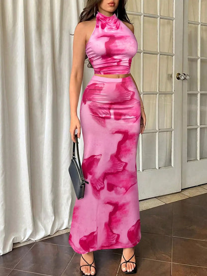 Sarah Express Women's Tie-Dye Halter Top and Mermaid Skirt Set