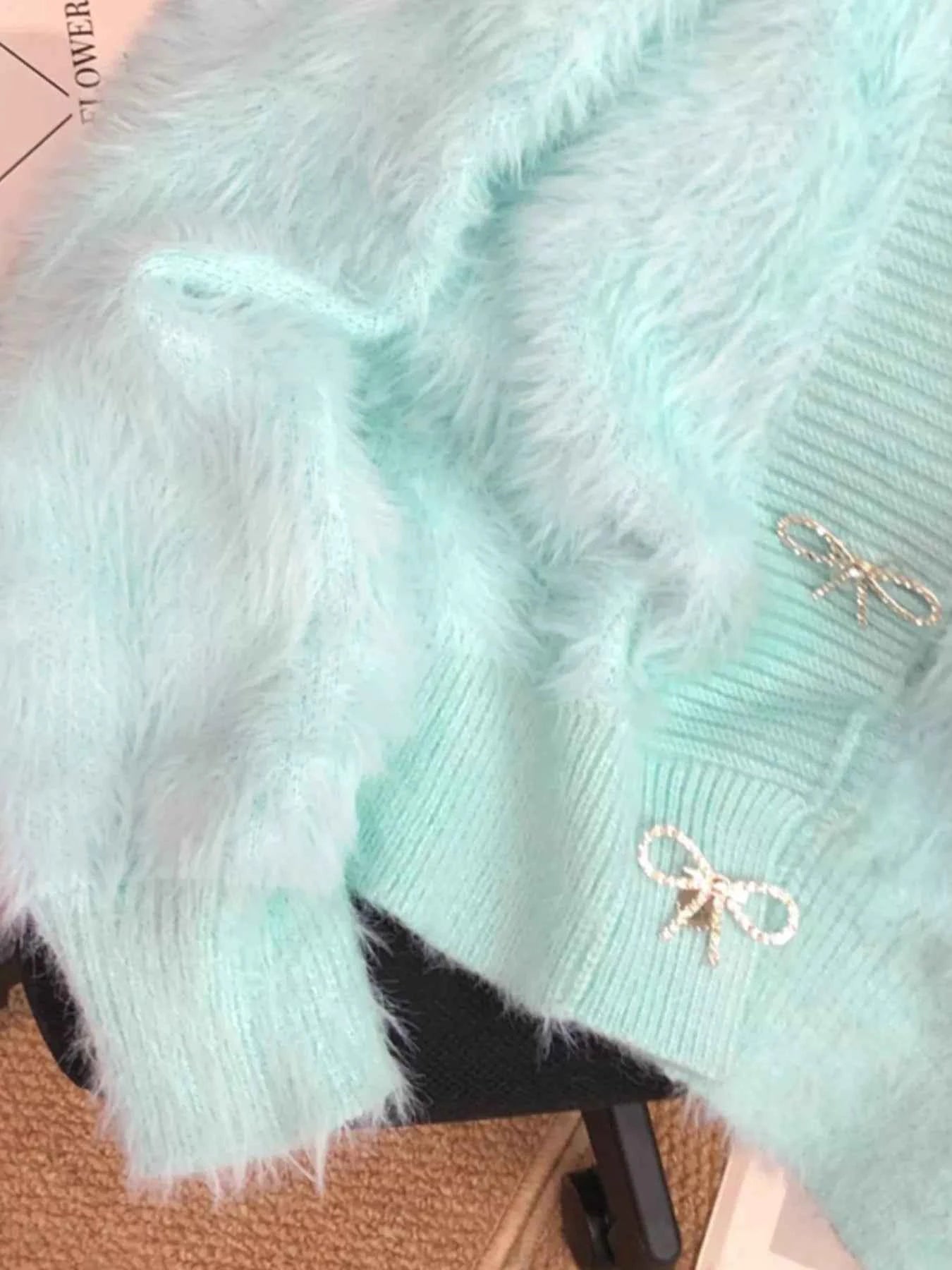 Sarah Express Women's Fuzzy Bow Button Up Cardigan - Cozy Knit Sweater