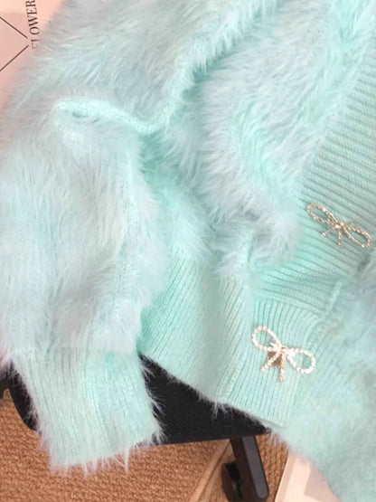 Sarah Express Women's Fuzzy Bow Button Up Cardigan - Cozy Knit Sweater