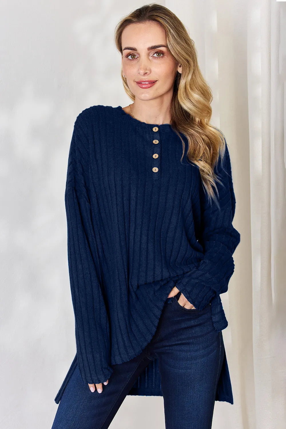 Sarah Express Women's Ribbed Half Button Long Sleeve High-Low T-Shirt Dark Blue