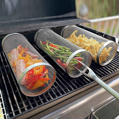 Sarah Express Stainless Steel Rolling BBQ Grilling Basket - Portable Outdoor Camping Barbecue Rack for Vegetables & Meat
