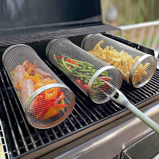 Sarah Express Stainless Steel Rolling BBQ Grilling Basket - Portable Outdoor Camping Barbecue Rack for Vegetables & Meat