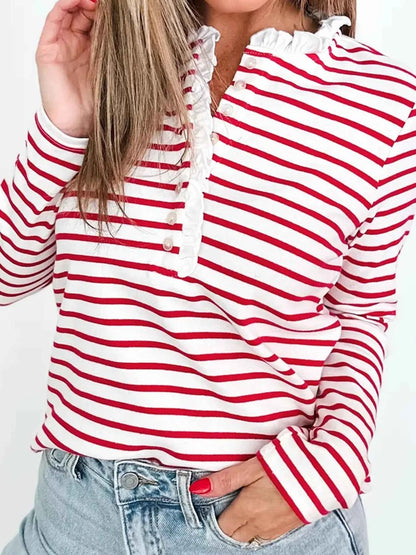 Sarah Express Women's Stripe Contrast Frilled Trim Half Button Long Sleeve Top Stripe