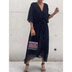 Sarah Express Women's Batwing Sleeve V-Neck Dress Summer Tie Detail Irregular Hem Mid-Length Fairy Dress