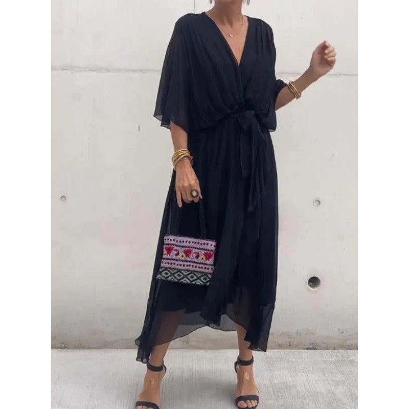 Sarah Express Women's Batwing Sleeve V-Neck Dress Summer Tie Detail Irregular Hem Mid-Length Fairy Dress
