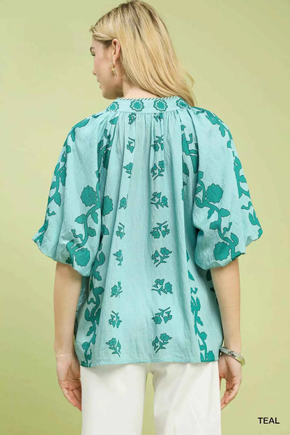 Sarah Express Women's Floral Print Collared Top - Short Sleeve Button Front Blouse