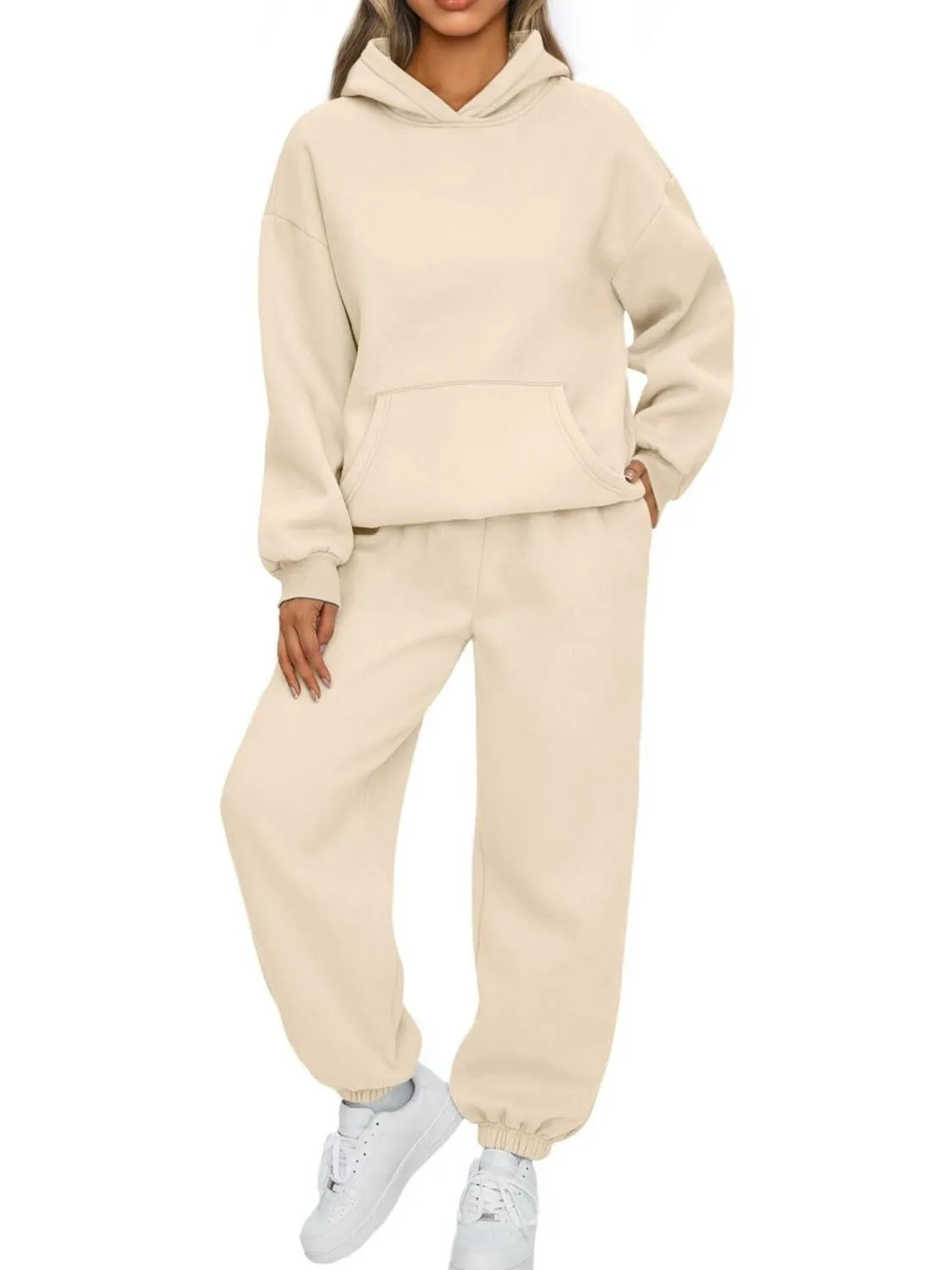 Sarah Express Women's Kangaroo Pocket Hoodie and Joggers Set Apricot
