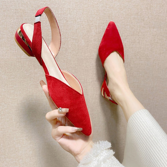 Sarah Express Women's Pointed-Toe Low-Heel Suede Sandals | Open-Back Slip-On | Black Red Beige