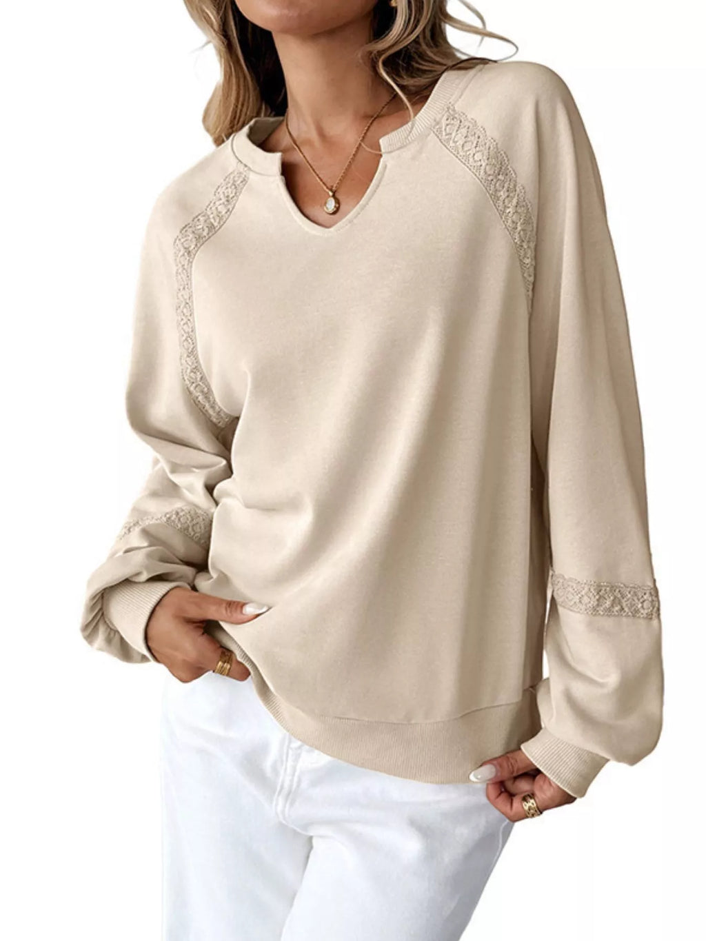 Sarah Express Women's Notched Raglan Sleeve Sweatshirt with Lace Detail
