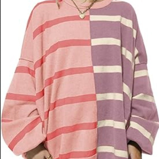 Sarah Express Women's Striped Knit Sweater Long Sleeve Pullover Loose Fit Acrylic