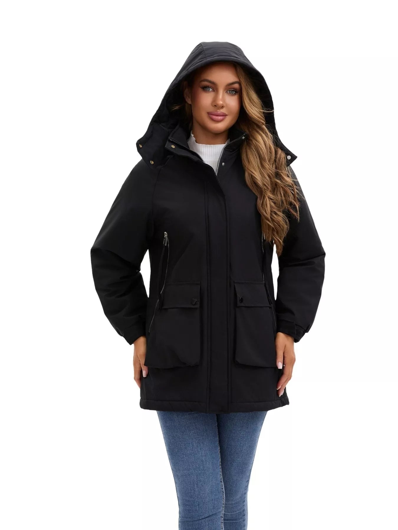 Sarah Express Women's Full Size Zip Up Hooded Parka Outerwear