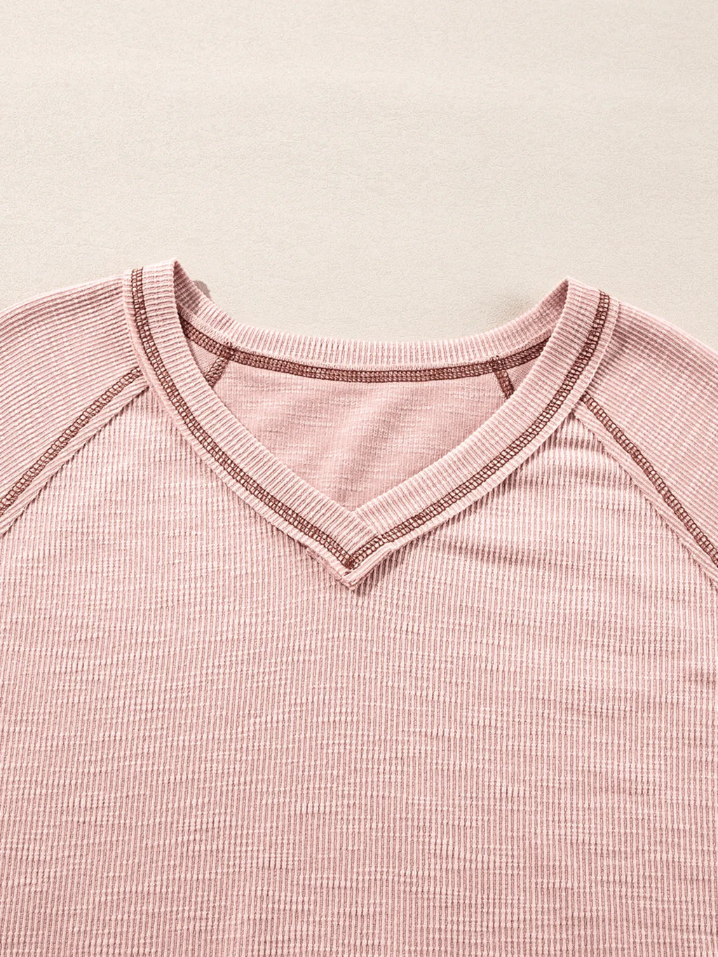 Sarah Express Women's Exposed Seam Ribbed Knit V Neck Top