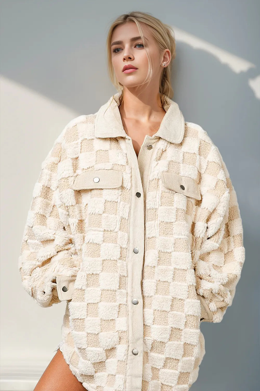 Sarah Express Women's Fuzzy Checkered Button-Up Shacket Pocketed Fall Winter Casual Layering Jacket