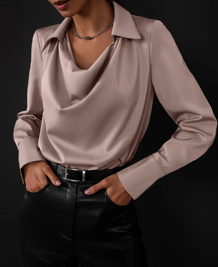 Sarah Express Women's Long Sleeve Shirt Irregular Drape Collar Polyester