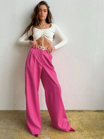 Sarah Express Women's Wide Leg Pleated Pants with Pockets - High Waist Palazzo Trousers