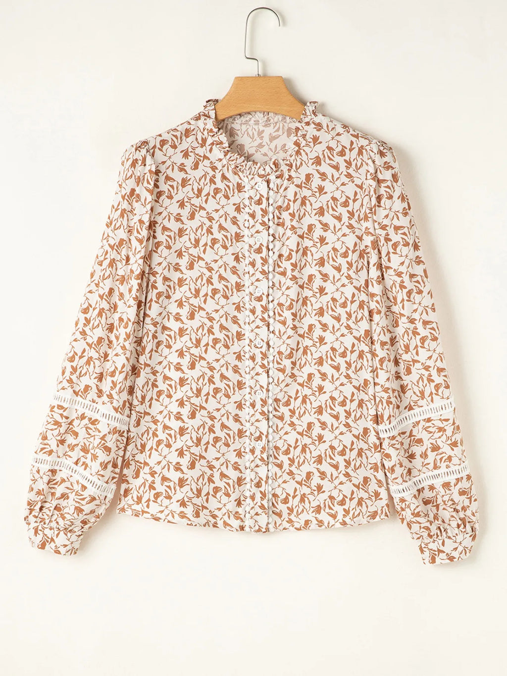 Sarah Express Women's Floral Button Down Long Sleeve Shirt - Ruffled Viscose Blouse